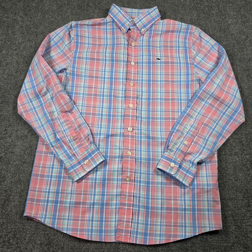 Vineyard Vines Boys Sz L (16) Performance Whale Plaid Button-Down Dress Shirt